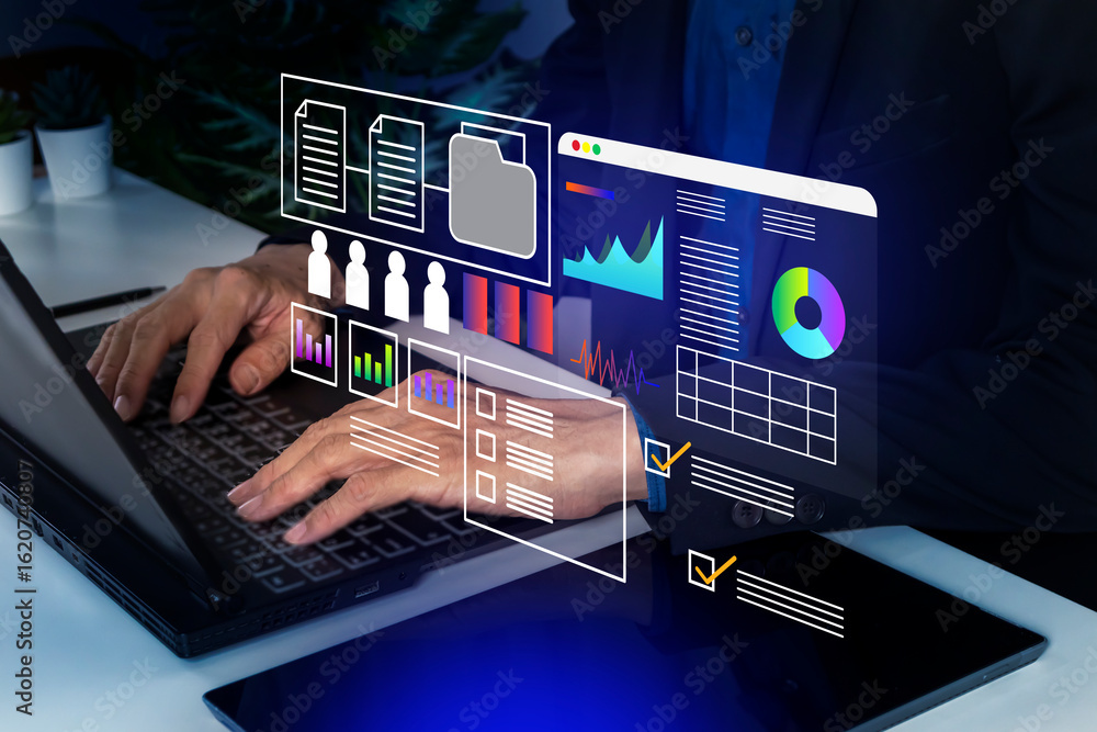 Poster concept of database management and business information through digital system, statistical examinat