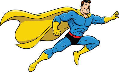Heroic flying superhero in blue costume, yellow cape, powerful pose, dynamic comic illustration, action-packed character, vector style, comic hero