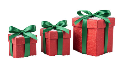 Festive Christmas gift boxes with red glitter and green ribbon, perfect for holiday celebrations