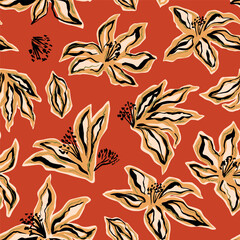 Summer abstract tropical floral seamless pattern hand drawn. Lily flowers decorated curve texture. Vector red hawaii repeat background, wallpaper, print. Modern garden, fall illustration.