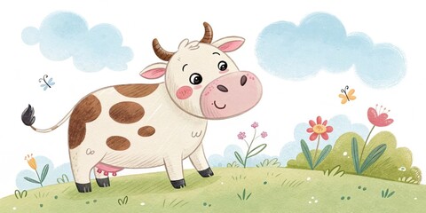 Obraz premium Cartoon watercolor illustration of cow. Animal clipart illustration.