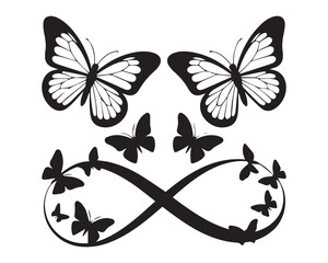 Stylized Butterfly Vector Illustration with Infinity Symbol and Flying Butterflies – Elegant Black and White Silhouette Design Representing Eternal Beauty and Freedom in Nature

