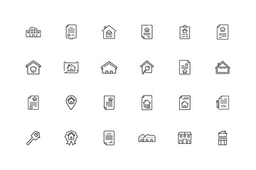 Collection of Outline Icons Representing Real Estate Property and Legal Documents	