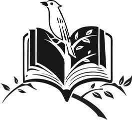 Sparrow bird perched on a branch with an open book below. Ideal nature reading icon for storytelling, education, or eco-literature themes.

