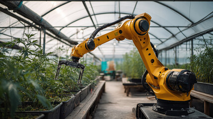 Automated Precision: a yellow robotic arm delicately tends to rows of plants in a modern greenhouse, embodying the future of agriculture.