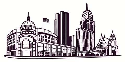 Detroit Skyline Vector: Renaissance Centre, Comerica Park & Downtown Silhouette