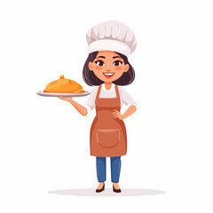 Female Chef Holding Dish: A smiling female chef, professionally dressed in a chef's hat and apron, proudly presents a dish on a serving platter.
