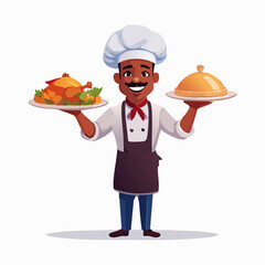 Chef and Culinary Delights: A smiling chef proudly presents a beautifully plated roasted chicken and a covered dish, exuding warmth, skill, and the promise of a delicious meal.