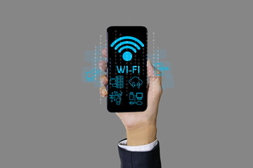 Technology concept Wi-Fi 7 wireless network standard increases efficiency in data transmission via...