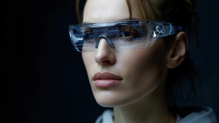 A woman wearing futuristic glasses with a digital data overlay, showcasing her expression of curiosity and determination in the world of future technology.
