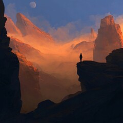 Silhouetted figure in a dramatic mountain landscape at sunset