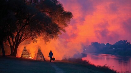Tranquil sunset over a river with a campfire in the foreground
