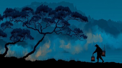 A solitary figure embarks on a journey through the serene, atmospheric landscape.