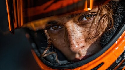 Close-up of a woman in an orange helmet, sweat and dirt on her face, intense gaze