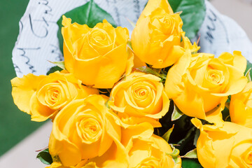 A luxurious bouquet of yellow roses. Bunch of many colorful fragrant flowers. Floristry and floral...