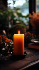 cozy candlelit autumn ambiance on rustic wooden table 