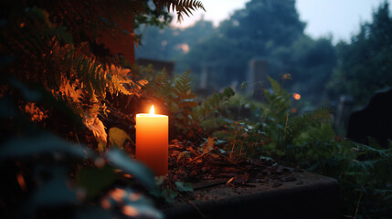 Candle Light in Serene Cemetery at Dusk 