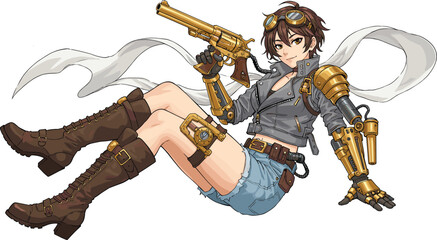 Steampunk adventurer, golden mechanical arm, futuristic weapon, leather jacket, denim shorts, boots, goggles, standing confidently, fantasy character, cosplay outfit