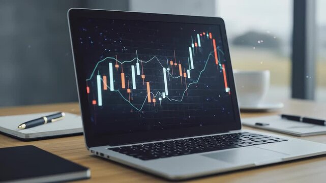 Financial Trading Interface on Laptop - A sleek laptop displaying a vibrant financial trading chart, featuring candlestick patterns and a smooth trend line against a dark background.