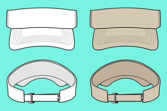 Tennis and Golf Outdoor Sports Visor Hat Colorway Set Fashion Flat Sketch Technical Drawing CAD Mockup. 