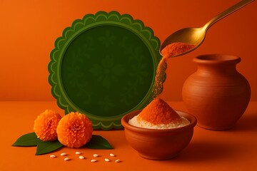 Festive Indian Still Life with Marigolds Kumkum and a Decorative Frame
