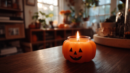 pumpkin candle with jack-o'-lantern face on cozy table 
