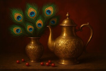 Golden Still Life Peacock Feathers Ornate Teapot and Scattered Red Berries