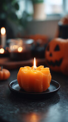 pumpkin-shaped candle with halloween decor 