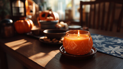 cozy autumn table setting with candle and pumpkins 