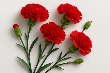 Elegant red carnations with green stems and buds against a white background