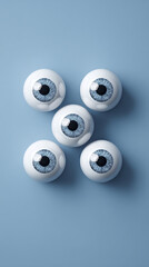 Five spooky eyeballs with blue iris on a blue background for halloween