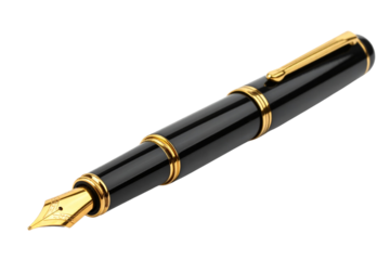 Gold-Tipped Black Fountain Pen with Cap Off, isolated on transparent background