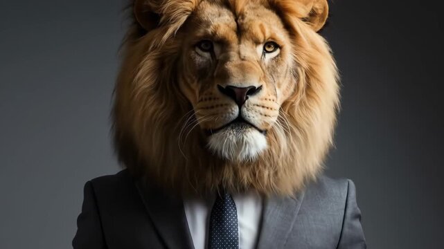 Business Lion: A Unique Blend of Power and Professionalism - This striking video features a lion's head atop a suited body, merging the majesty of a lion with the formality of a business suit.