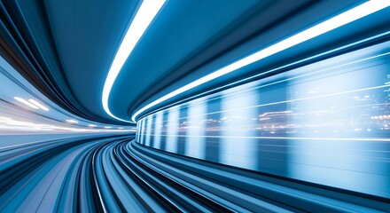 Fast train moving with motion blur in a blue tunnel of underground subway