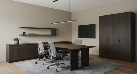 Modern executive conference room with dark wood furnishings and sleek lighting creates a professional workspace.