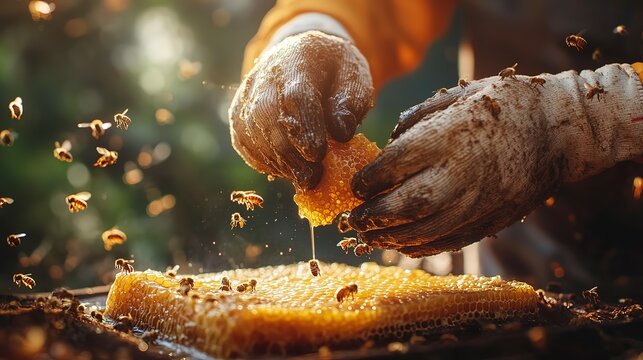 Hands of a beekeeper carefully harvesting honeycomb during a sunny afternoon in a vibrant apiary