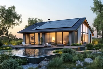Modern house with solar panels and a swimming pool in a green garden