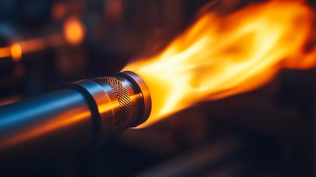 Close-up of gas torch nozzle with flames ignited during metalworking at workshop in evening light - Powered by Adobe