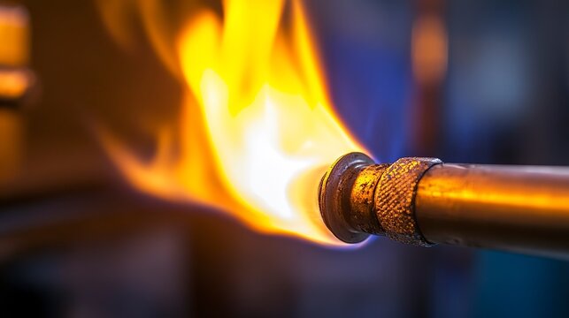 Close-up view of a gas torch nozzle producing intense flames during a welding operation