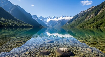 Crystal clear water reflects snow capped mountains in a tranquil lake