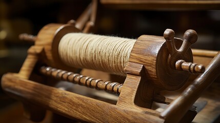Close-up of intricate wooden yarn swift and winder used for handcrafting projects in a cozy studio