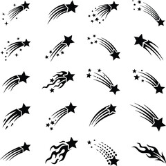 Collection of black and white star comet vector illustrations for design elements