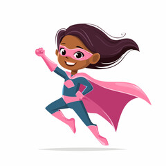 Girl Superhero Soaring High: An inspiring illustration of a young girl, dressed as a superhero, fearlessly flying toward a brighter future, embodying strength and courage