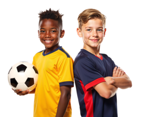 Two boys in red and yellow smiling side by side on isolated background