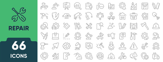 Repair, Maintenance, and Construction line icon set. Includes 66 outline icons representing tools, fixing, service, home improvement, equipment, and building work. Editable linear icon collection.