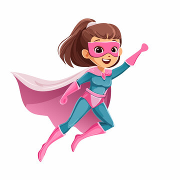 Superhero Girl: A dynamic, cartoon illustration of a young, empowered girl with a bright smile, embodying the spirit of heroism, soaring confidently.