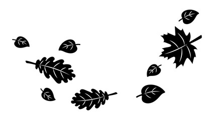 Autumn Leaves Blowing in Wind. Black Silhouette Illustration of Falling Leaf Shapes, Seasonal Nature Design, Windy Fall Weather, Decorative Vector Elements for Seasonal Projects