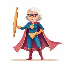Super Grandma: A brave grandmother, dressed in a superhero costume, holds a rolling pin. Expressing the strength and love, she is ready to save the day!