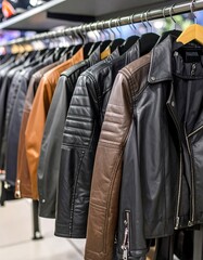 Obraz premium Leather jackets on hangers in store