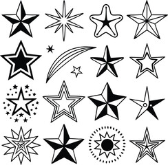 Obraz premium Collection of black and white star shapes and designs isolated on a white background